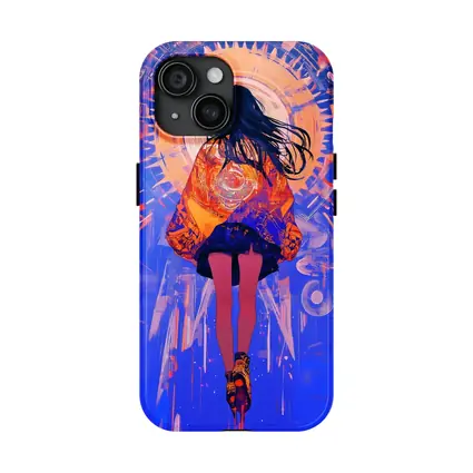 Anime Girl Orange Jacket Blue Abstract Background