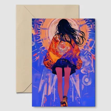 Anime Girl Orange Jacket Blue Abstract Background