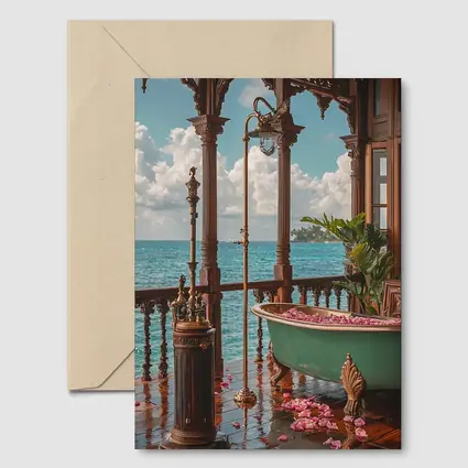 Ornate Tropical Bathroom Clawfoot Tub Ocean View