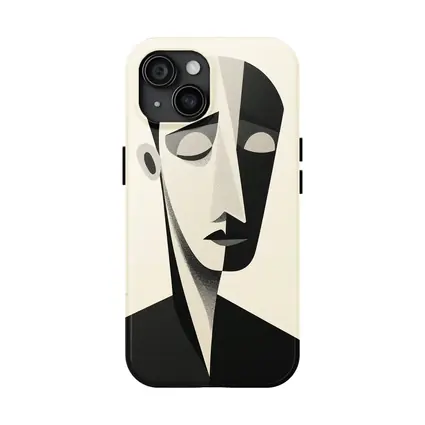 Abstract Cubist Male Face Black White Art