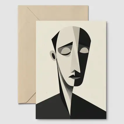 Abstract Cubist Male Face Black White Art