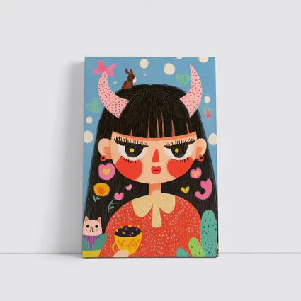 Folk Art Girl With Horns Blue Background