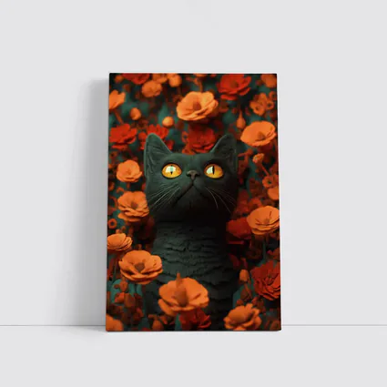 Dark Cat Golden Eyes Orange Flowers
