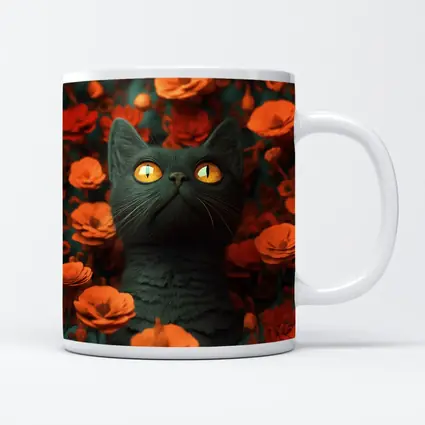 Dark Cat Golden Eyes Orange Flowers