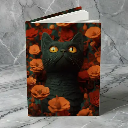 Dark Cat Golden Eyes Orange Flowers