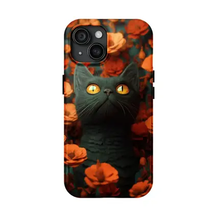 Dark Cat Golden Eyes Orange Flowers