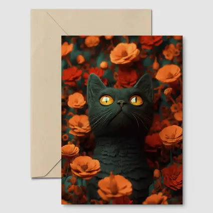 Dark Cat Golden Eyes Orange Flowers