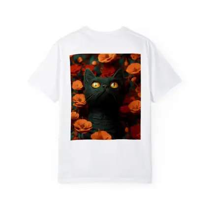 Dark Cat Golden Eyes Orange Flowers