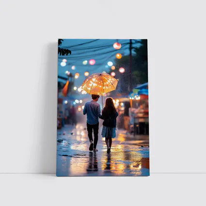 Couple Walking Rain Glowing Street Lights