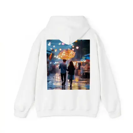 Couple Walking Rain Glowing Street Lights