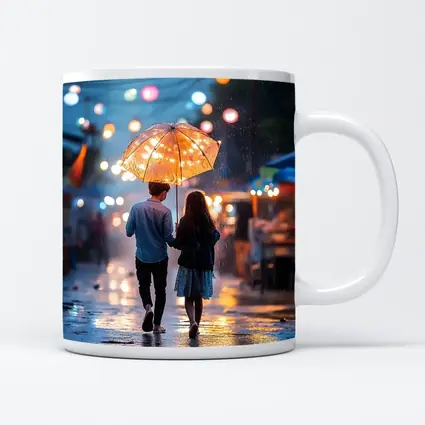 Couple Walking Rain Glowing Street Lights