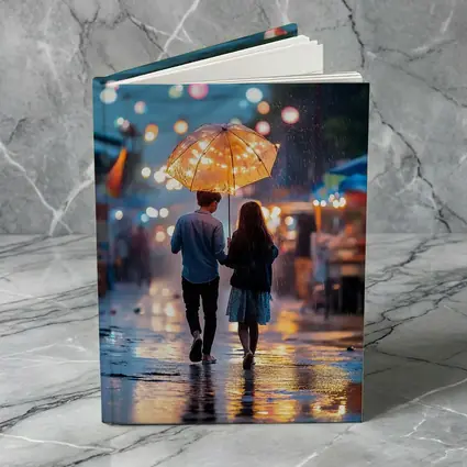Couple Walking Rain Glowing Street Lights