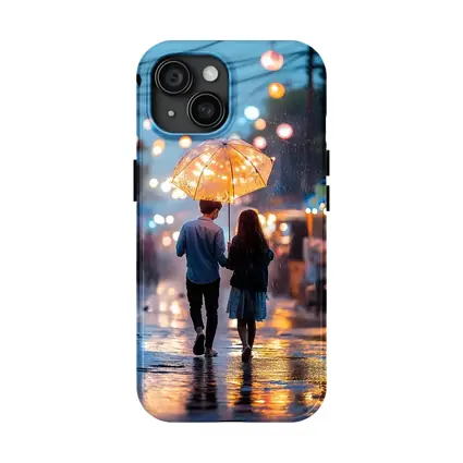 Couple Walking Rain Glowing Street Lights