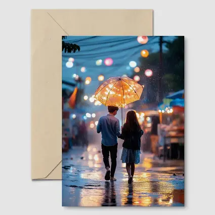 Couple Walking Rain Glowing Street Lights