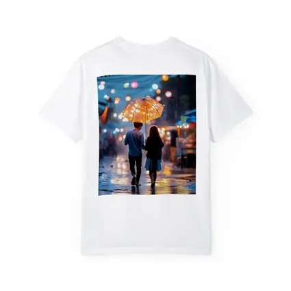 Couple Walking Rain Glowing Street Lights