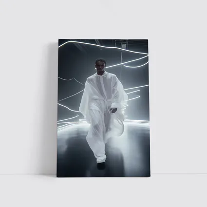 Man White Flowing Robes Neon Light Stage