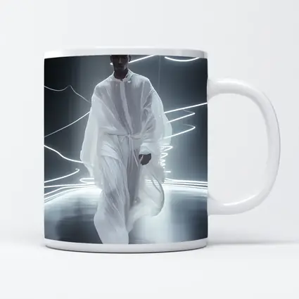 Man White Flowing Robes Neon Light Stage