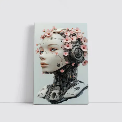 Floral Robot Woman Head White Background