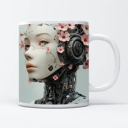 Floral Robot Woman Head White Background