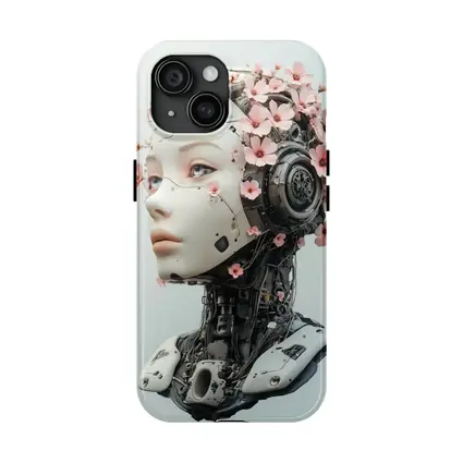 Floral Robot Woman Head White Background