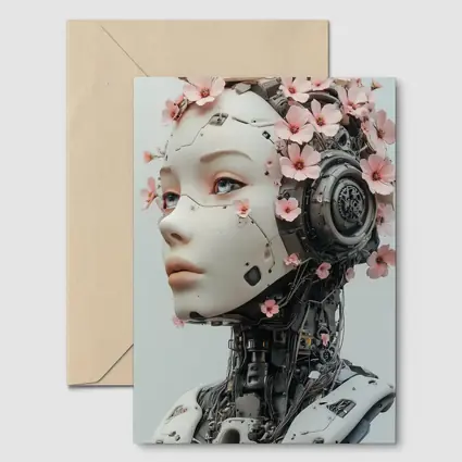 Floral Robot Woman Head White Background