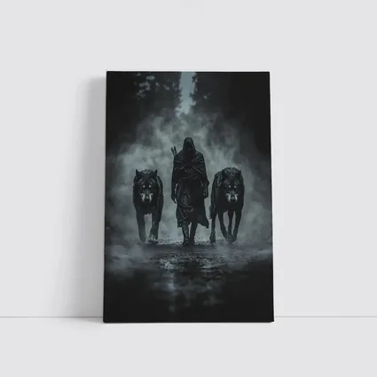 Hooded Figure Walking With Two Wolves