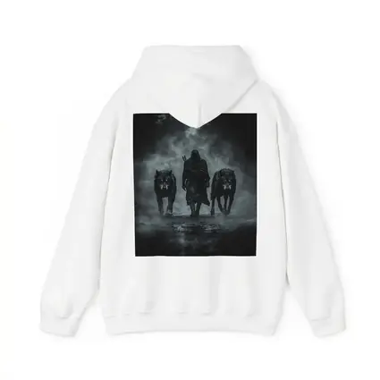 Hooded Figure Walking With Two Wolves