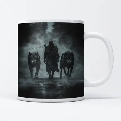 Hooded Figure Walking With Two Wolves