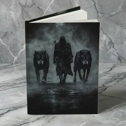 Hooded Figure Walking With Two Wolves