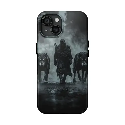 Hooded Figure Walking With Two Wolves