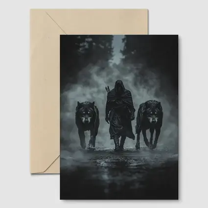 Hooded Figure Walking With Two Wolves