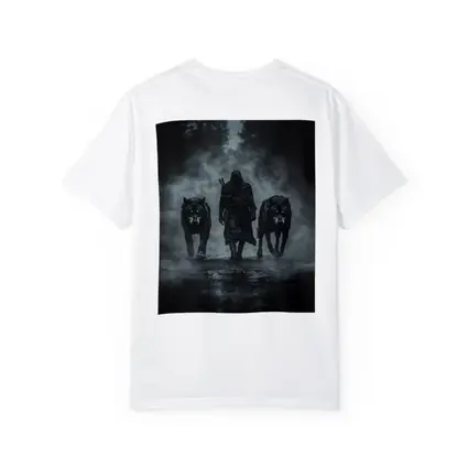 Hooded Figure Walking With Two Wolves
