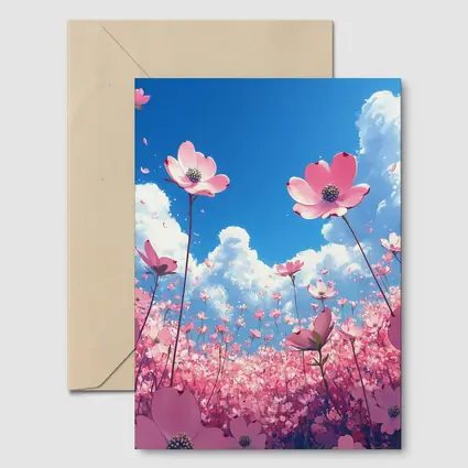 Pink Cosmos Flowers Blue Sky Anime