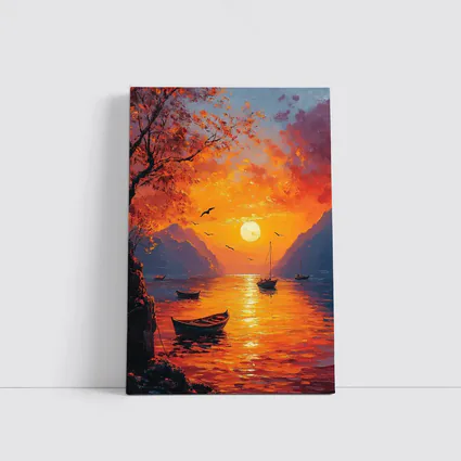 Oil Painting Sunset Lake Boats Mountains