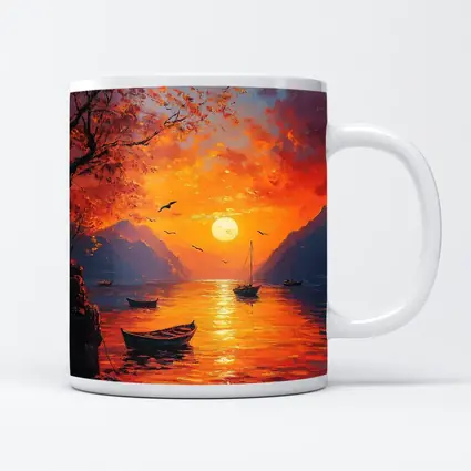 Oil Painting Sunset Lake Boats Mountains