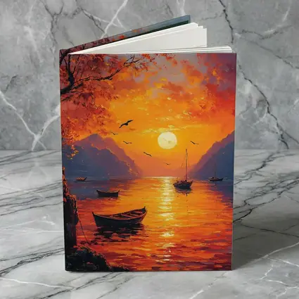 Oil Painting Sunset Lake Boats Mountains