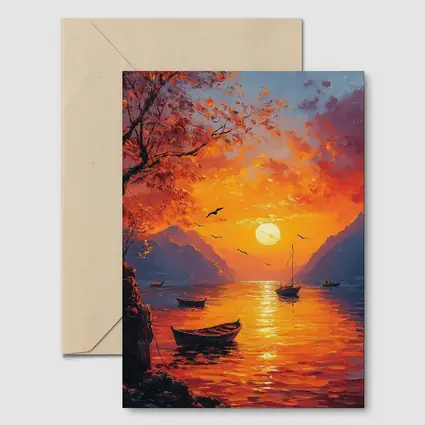 Oil Painting Sunset Lake Boats Mountains