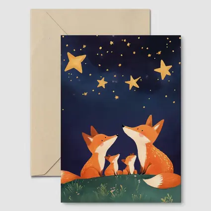 Fox Family Gazing at Starry Night Sky