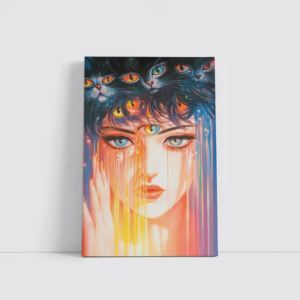Woman Face Black Cats Colorful Dripping Art