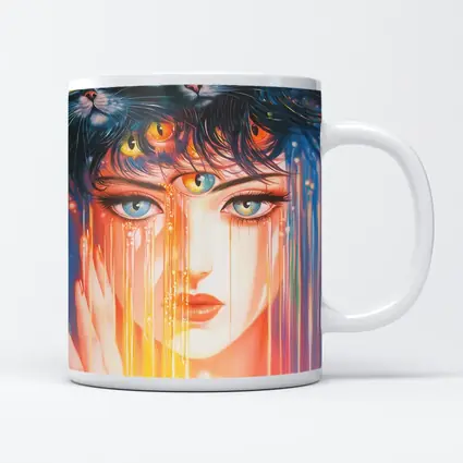 Woman Face Black Cats Colorful Dripping Art