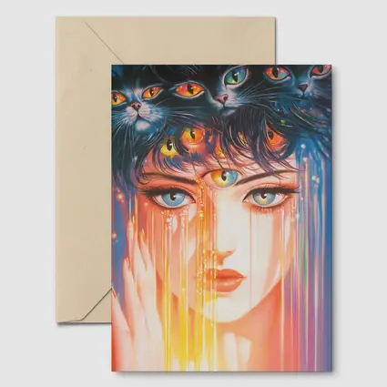 Woman Face Black Cats Colorful Dripping Art