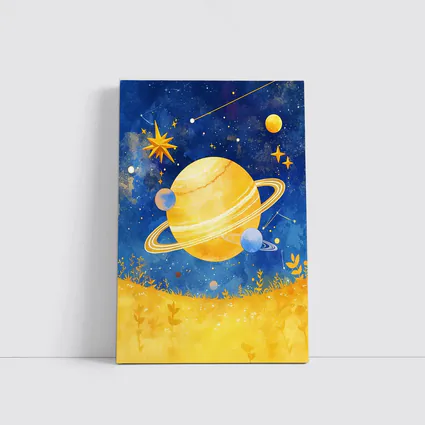 Watercolor Saturn Planet Blue Starry Sky