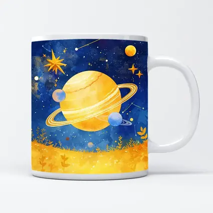 Watercolor Saturn Planet Blue Starry Sky