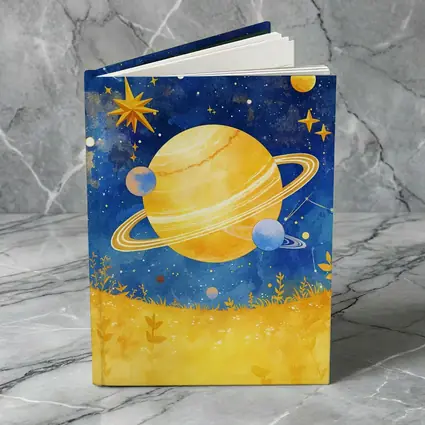 Watercolor Saturn Planet Blue Starry Sky