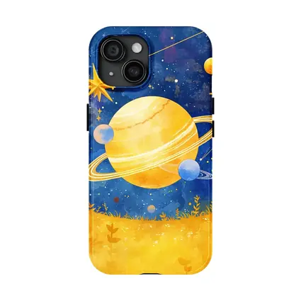 Watercolor Saturn Planet Blue Starry Sky