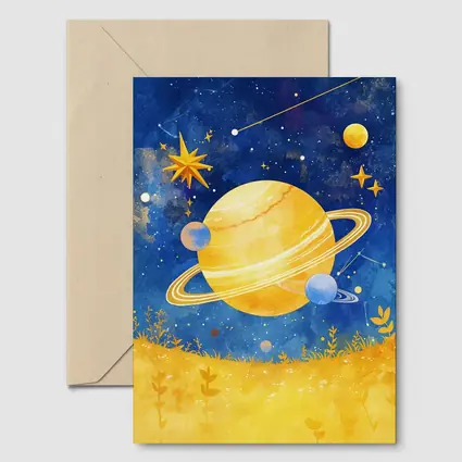 Watercolor Saturn Planet Blue Starry Sky