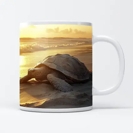 Sea Turtle Crawling on Sandy Beach Sunset