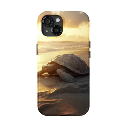 Sea Turtle Crawling on Sandy Beach Sunset