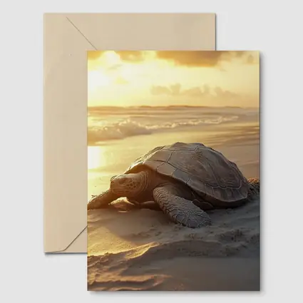 Sea Turtle Crawling on Sandy Beach Sunset
