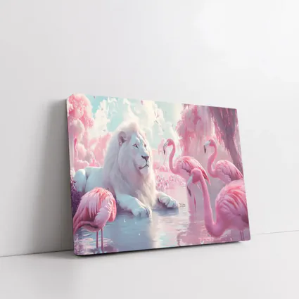 White Lion Pink Flamingos Dreamy Fantasy Scene